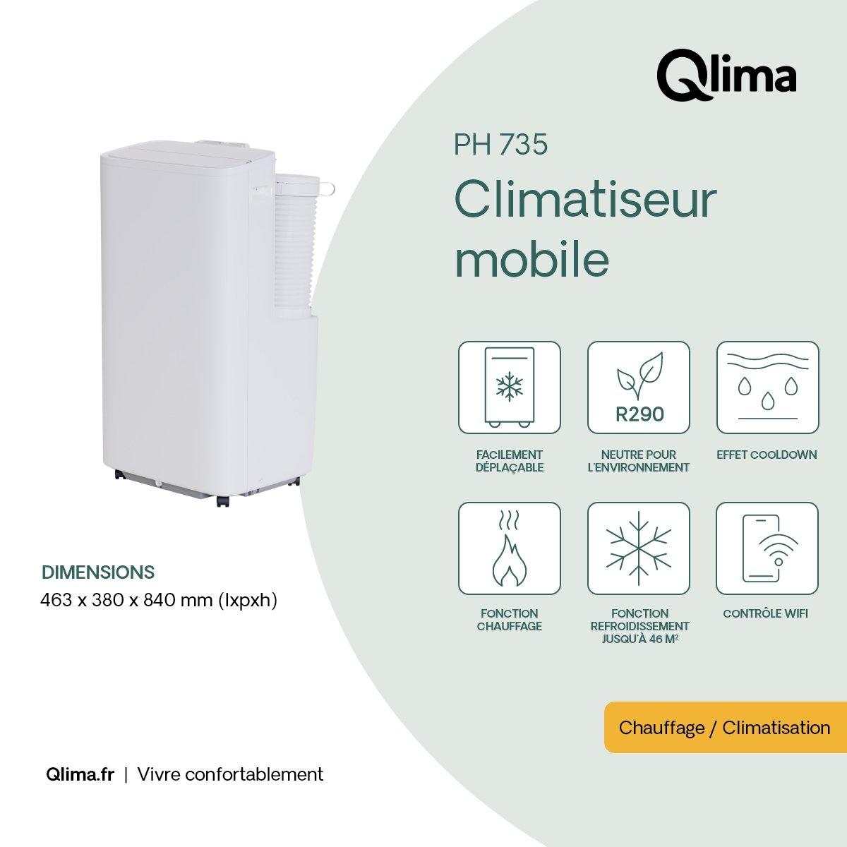 Climatiseur mobile réversible connecté QLIMA Ph7 2600/2400W 8892/8208BTU – Image 9